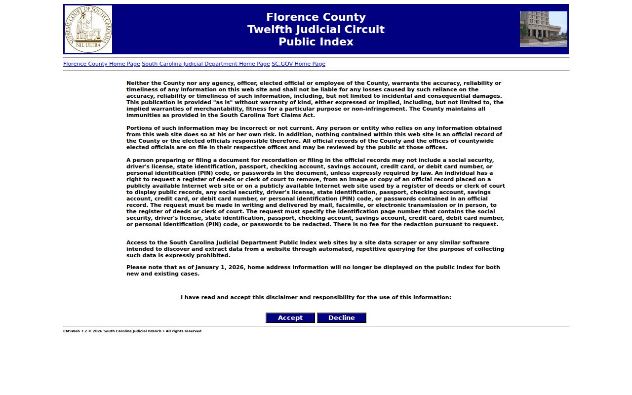 Florence County court case lookup in the Public Index