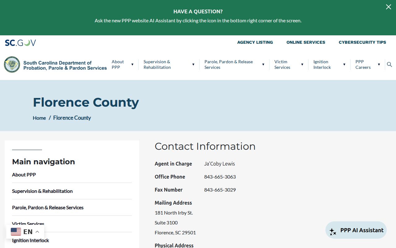 Florence County probation and parole office directory page