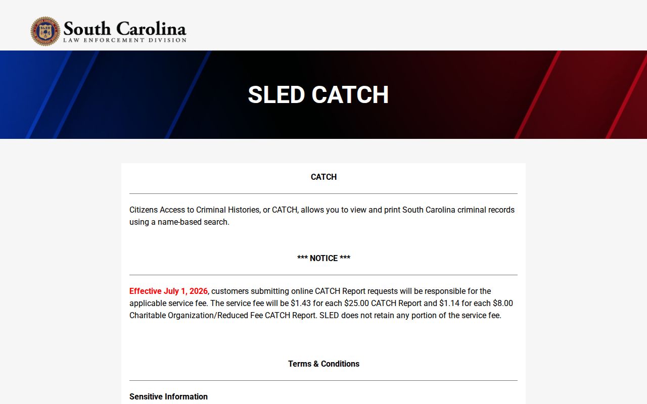 SLED CATCH South Carolina criminal history search entry screen