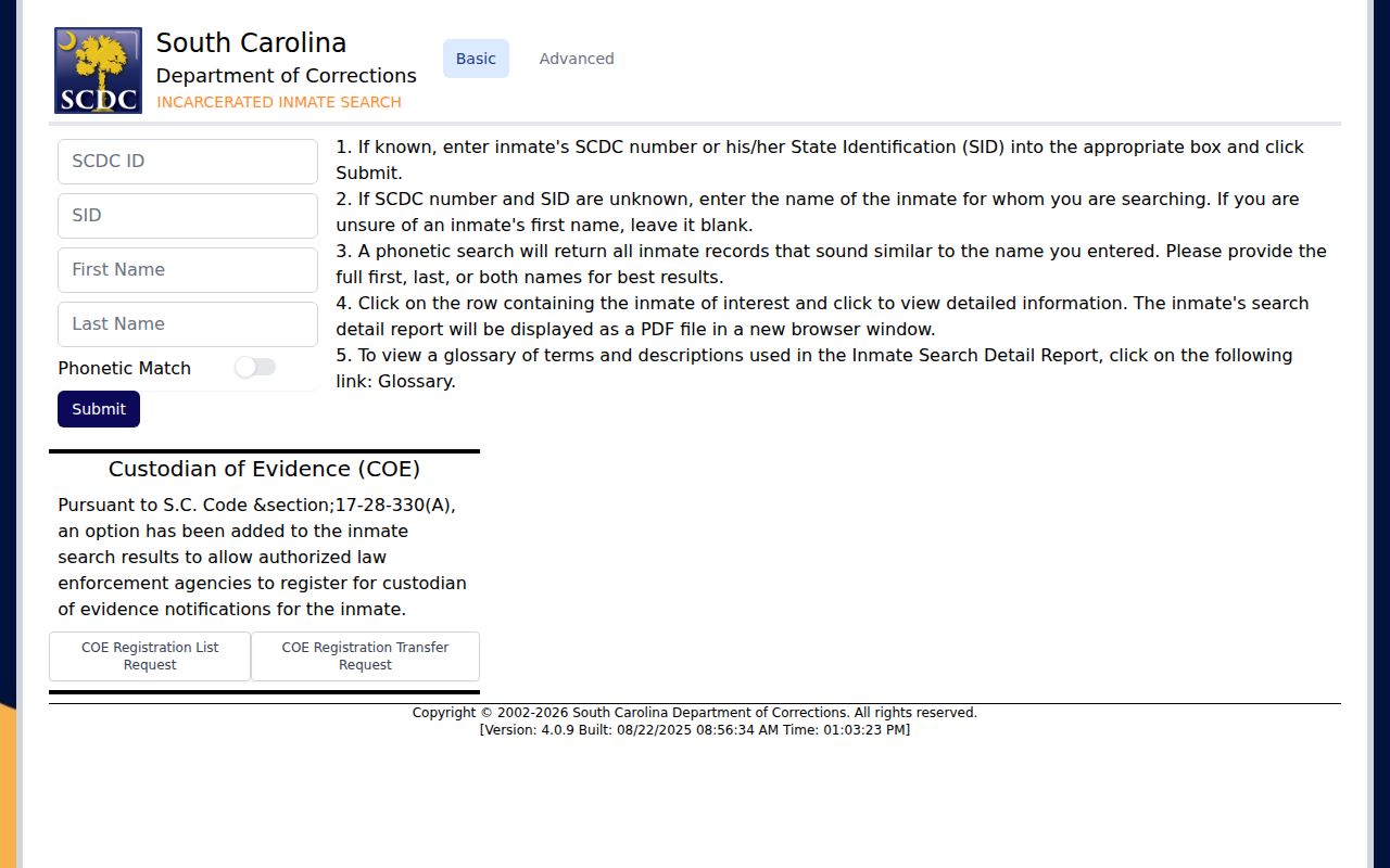 South Carolina Department of Corrections incarcerated inmate search